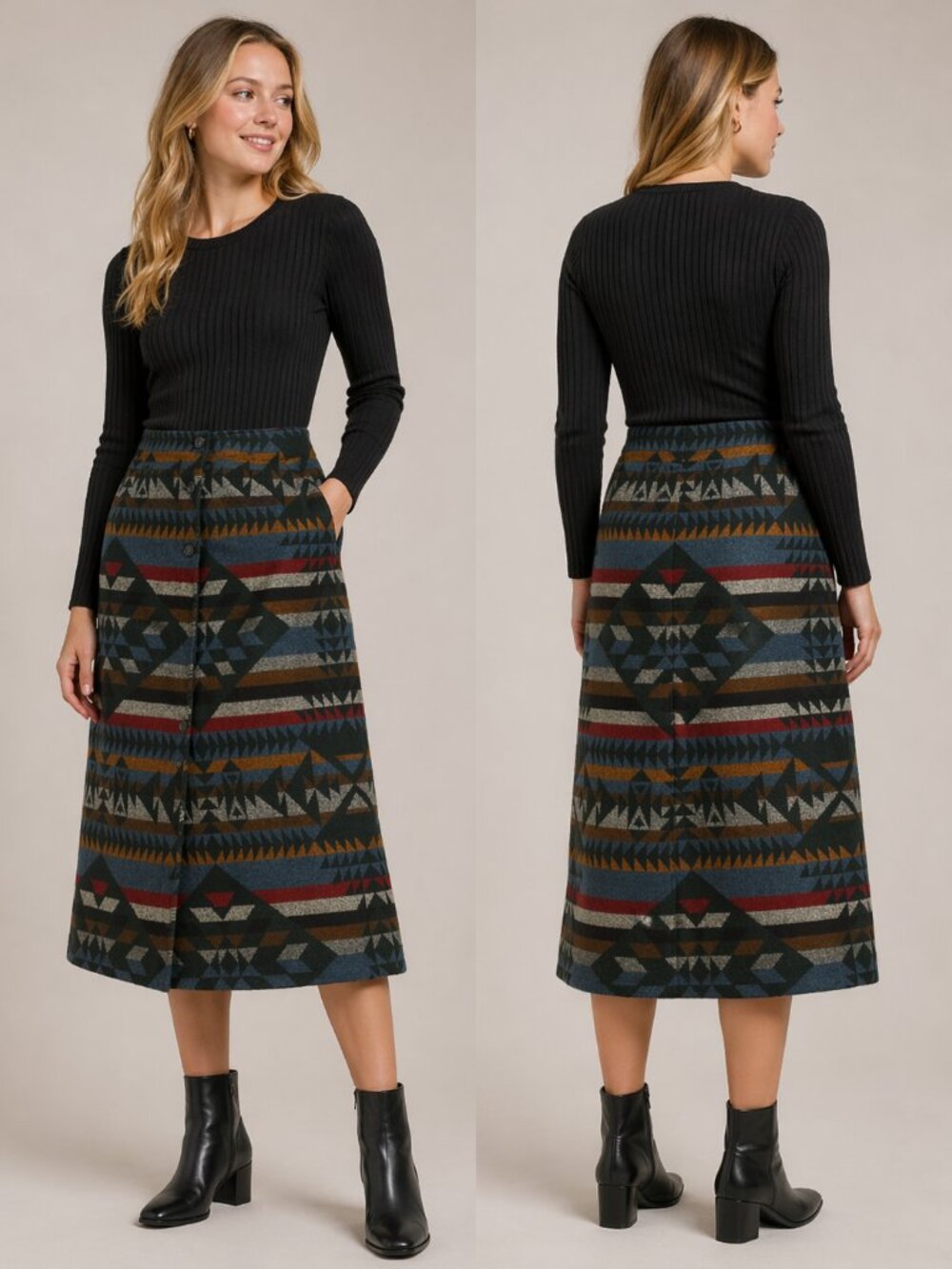 Boho Southwestern Tribal Vintage Roo Crossings Skirt green wool blend Size 6P